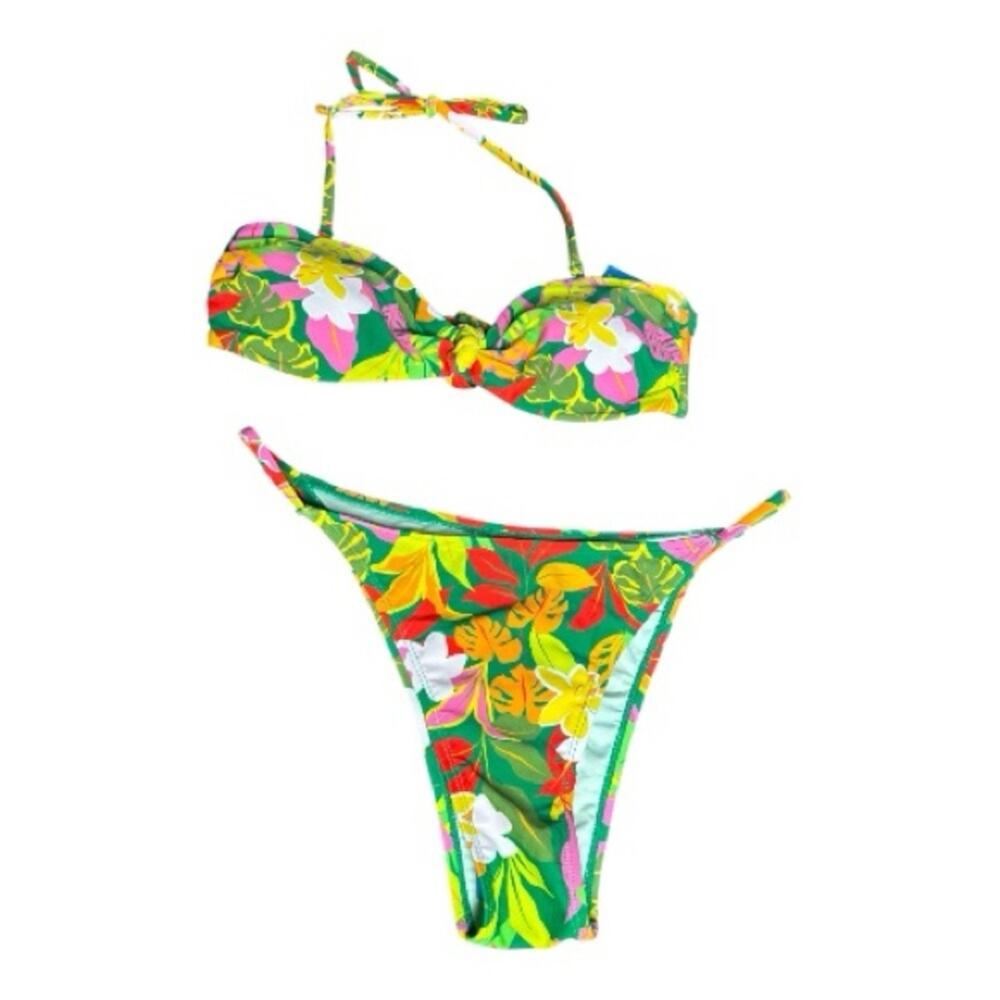 Cupshe Green Yellow Tropical Print Halter High Waist Bikini Large